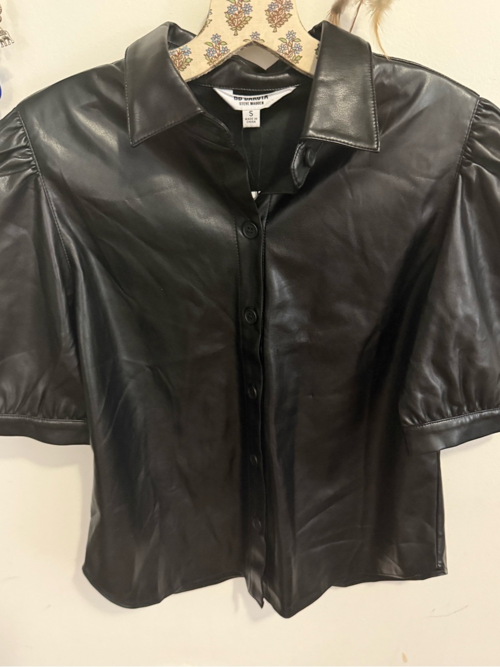 BB Dakota by Steve Madden NWT Faux Leather Puff Sleeve Button Up Shirt Black S $